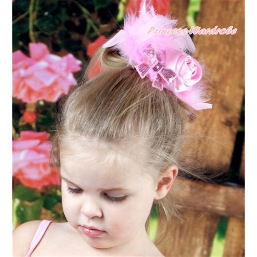 Light Pink Posh Crystal Satin Rose Sparkle Bow Feather Hair Clip H733 